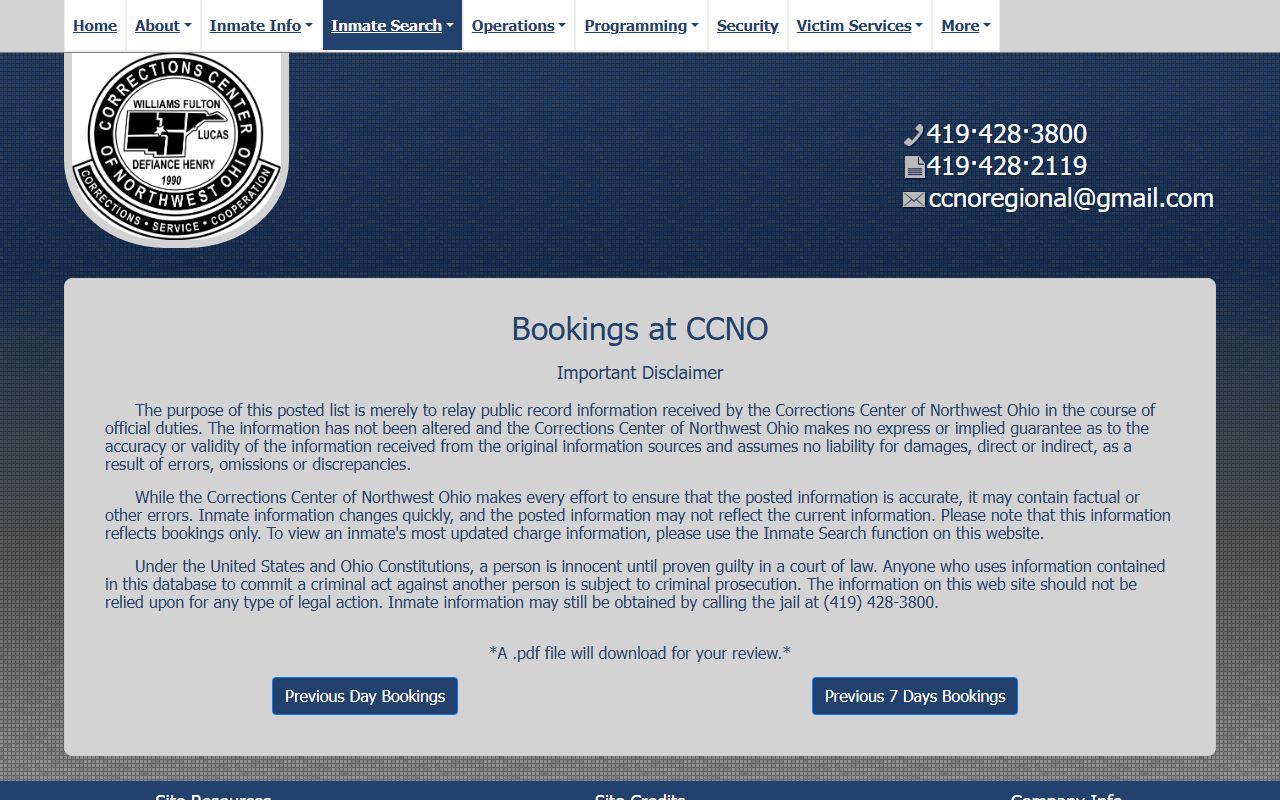 CCNO booking report page with recent booking report links