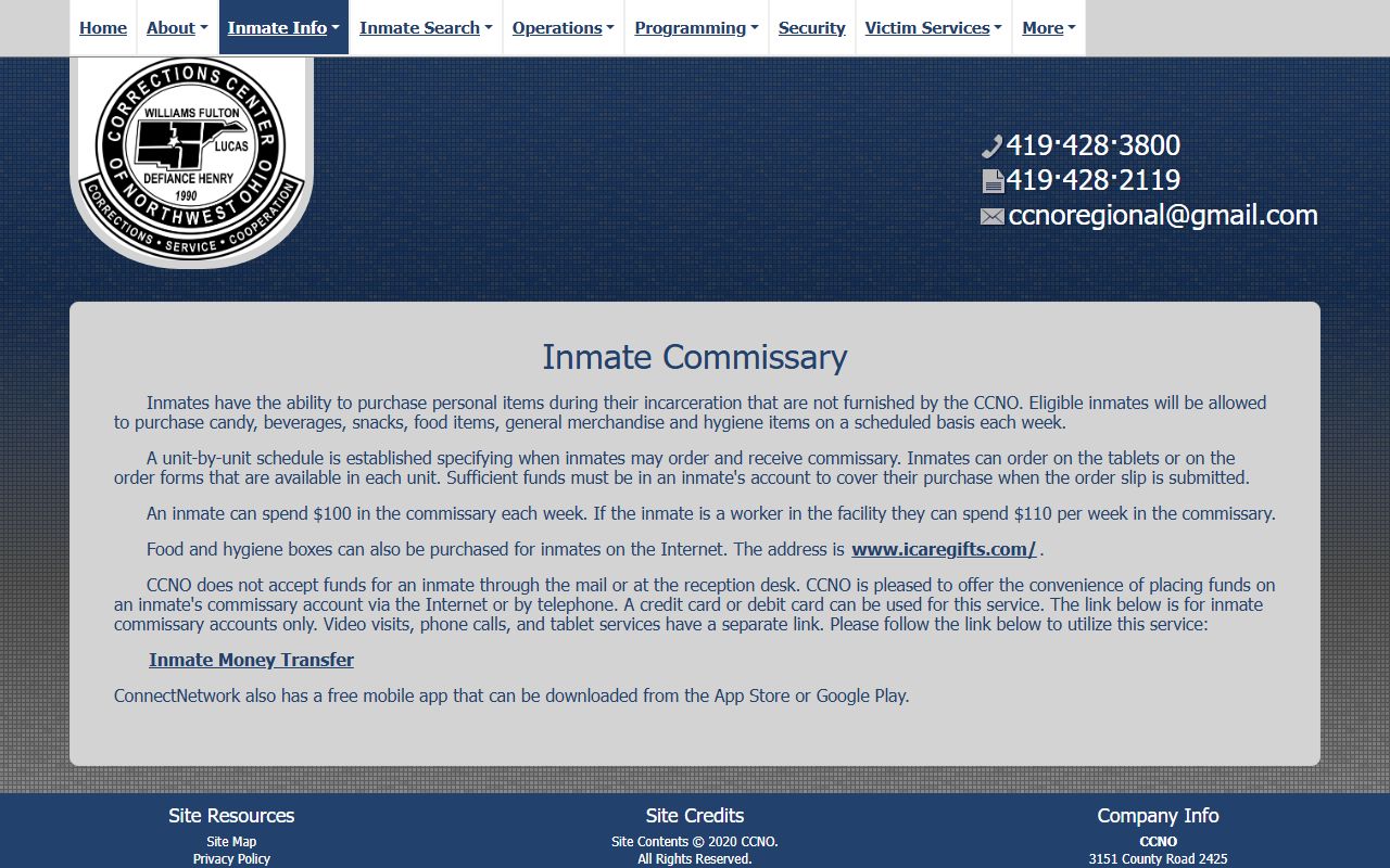 Corrections Center of Northwest Ohio commissary and funds rules for Williams County inmates