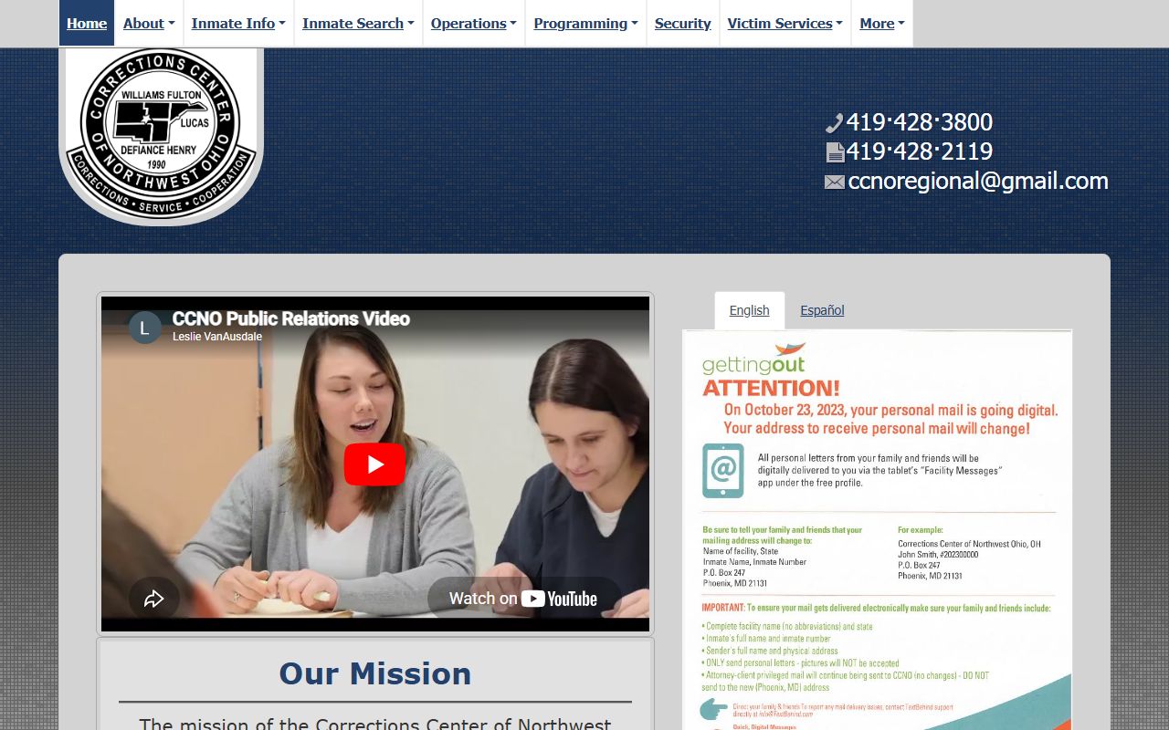 Corrections Center of Northwest Ohio regional jail overview for Williams County inmate lookup