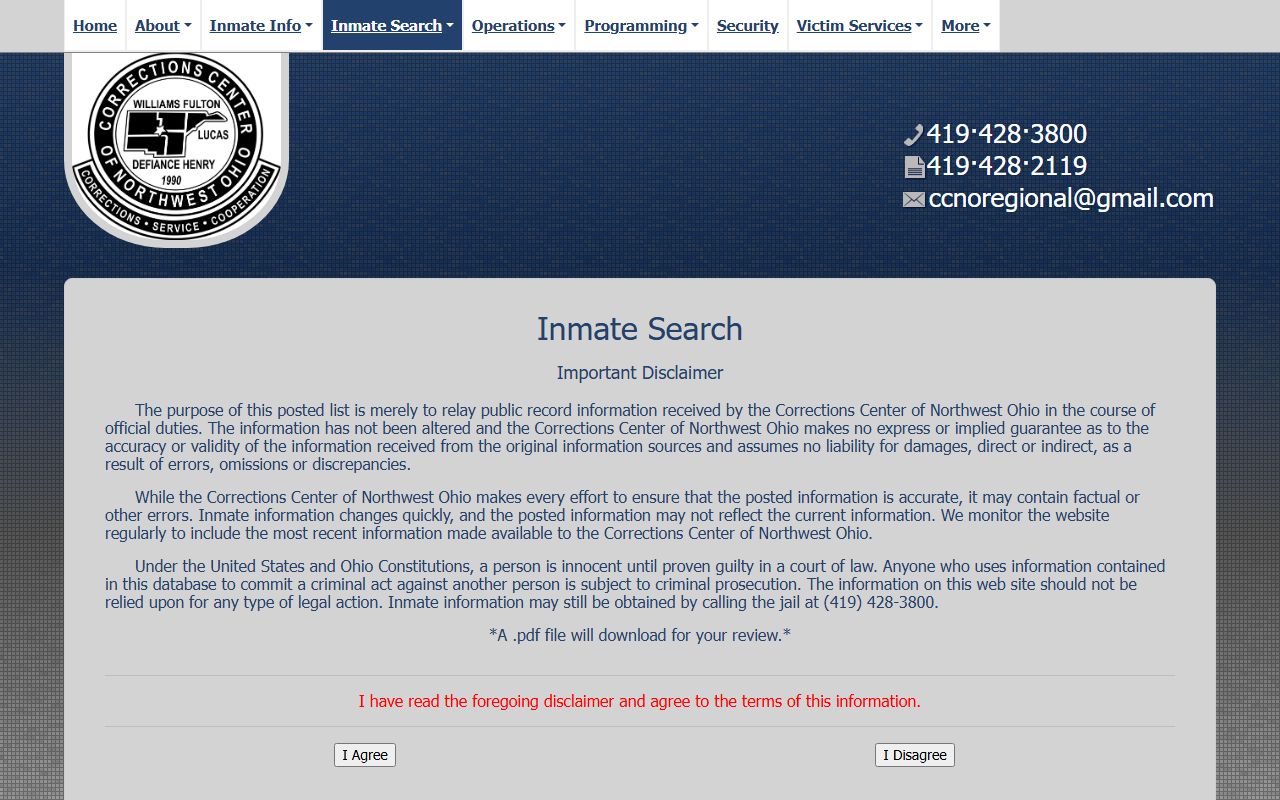 Williams County inmate population CCNO inmate search disclaimer gateway