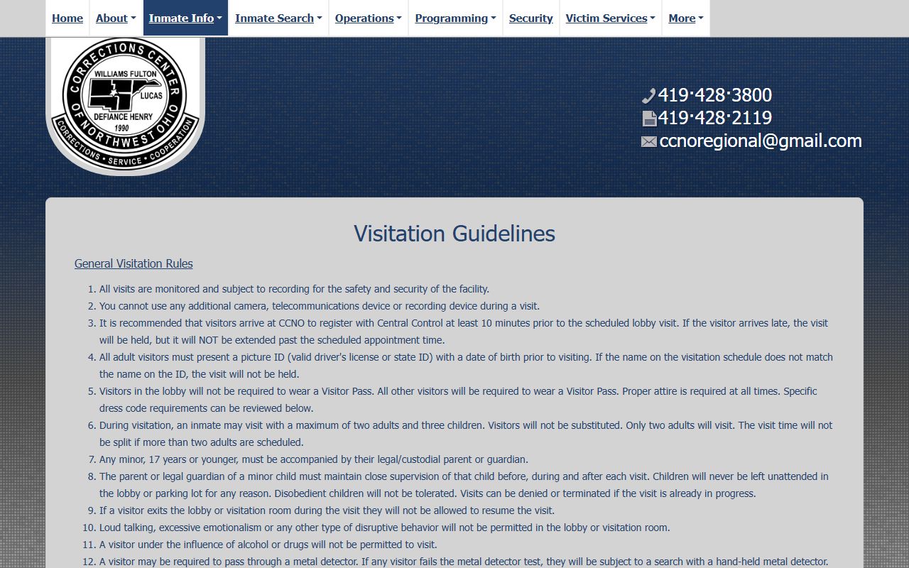 Corrections Center of Northwest Ohio visitation schedule for Williams County inmate visits